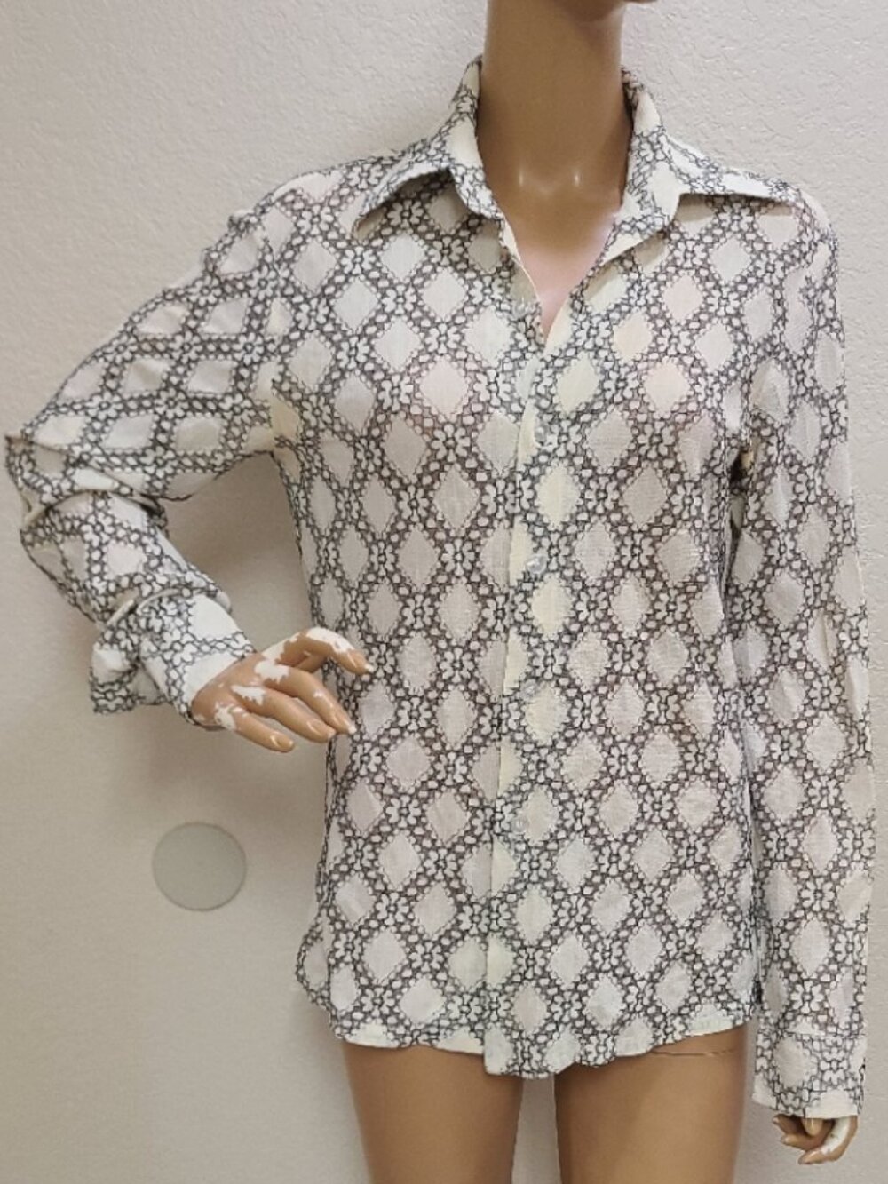 VINTAGE 1970s GOLDEN BREED LACE MESH BUTTON UP SHIRT TOP POINT COLLAR sz M/L